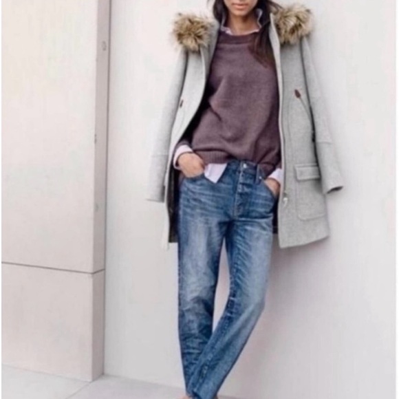 J. Crew Chateau Parka in Italian stadium-cloth wool Gray Coat Fur Hood Size 0 - Picture 4 of 8